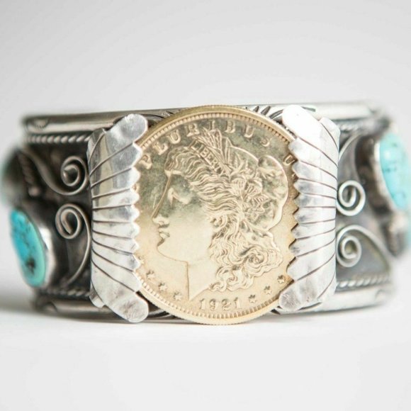SouthWestern Tribal Sterling Silver14 kt Gold Vermeil Coin Cuff Bracelet